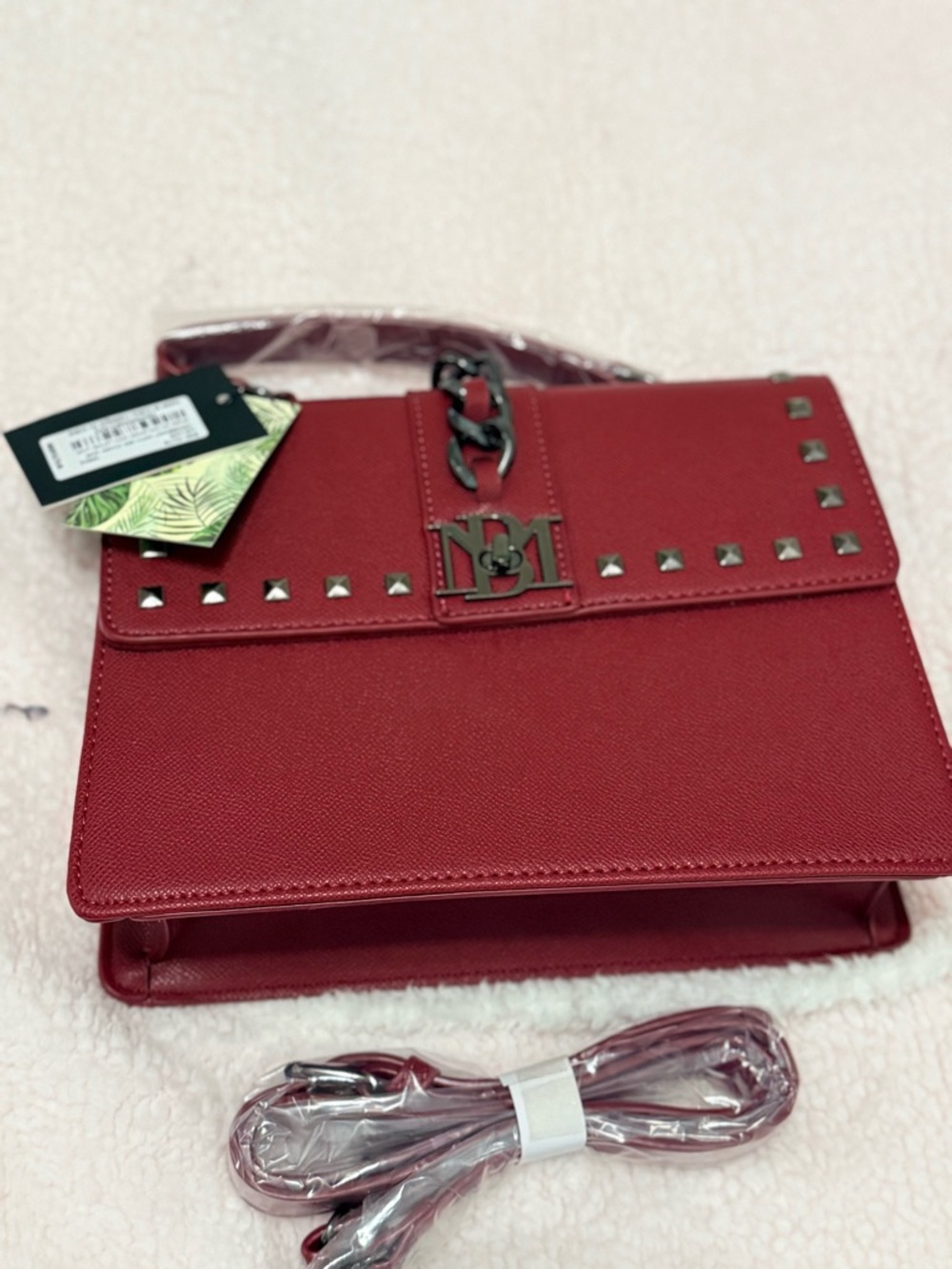 Badgley Mischka Red Studded Chain-Accent Crossbody